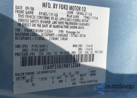 2009 Ford Focus Se из США, поврежденный, VIN 1FAHP35N59W153364